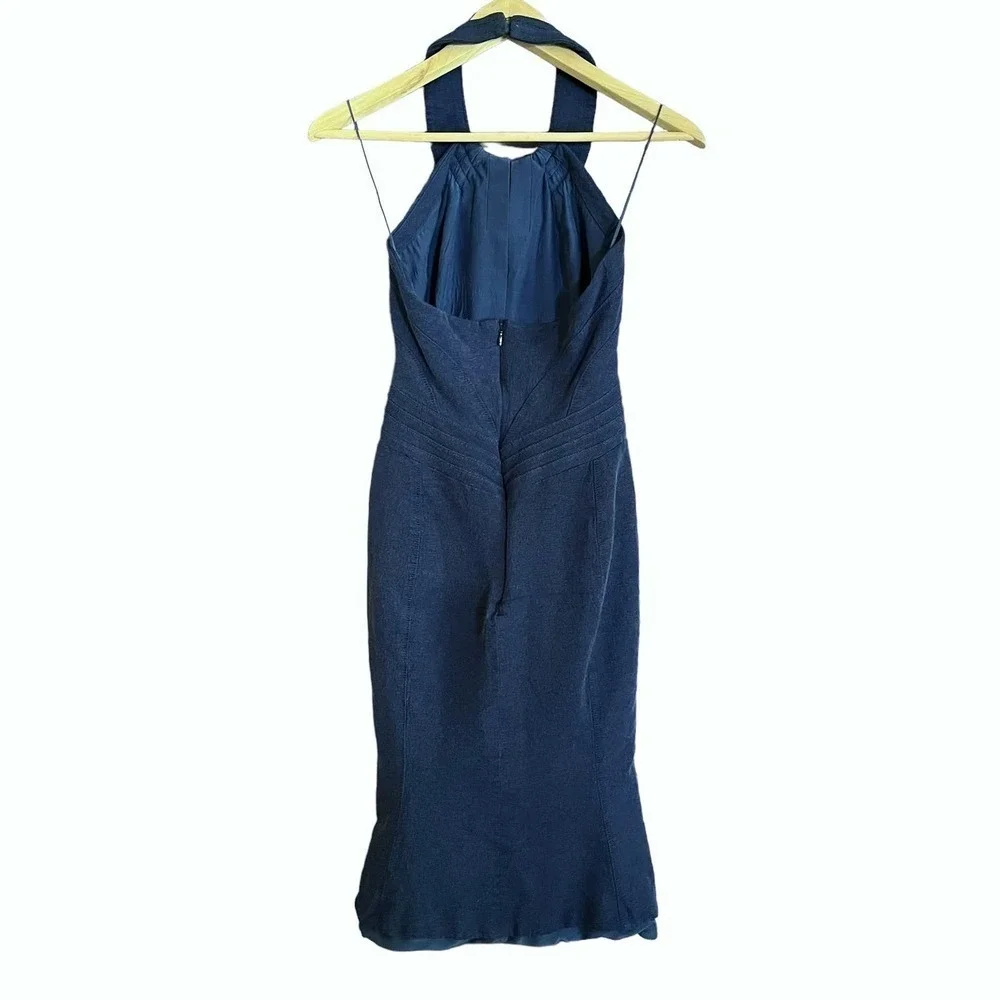 Zac Posen Navy Blue Halter-Neck Sheath Midi Mermaid Dress